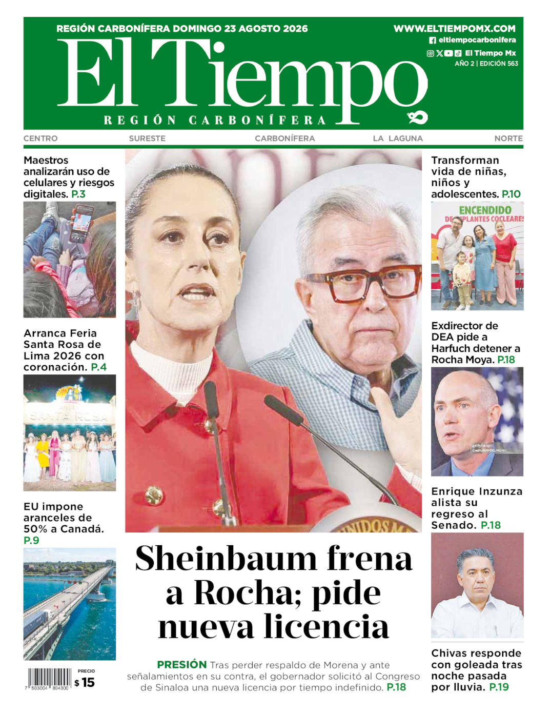 Edición impresa: Portada del domingo 23 de agosto de 2026, El Tiempo región <strong>Carbonífera</strong>