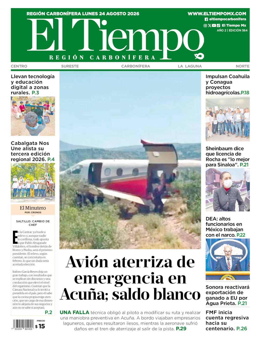 Edición impresa: Portada del lunes 24 de agosto de 2026, El Tiempo región <strong>Carbonífera</strong>