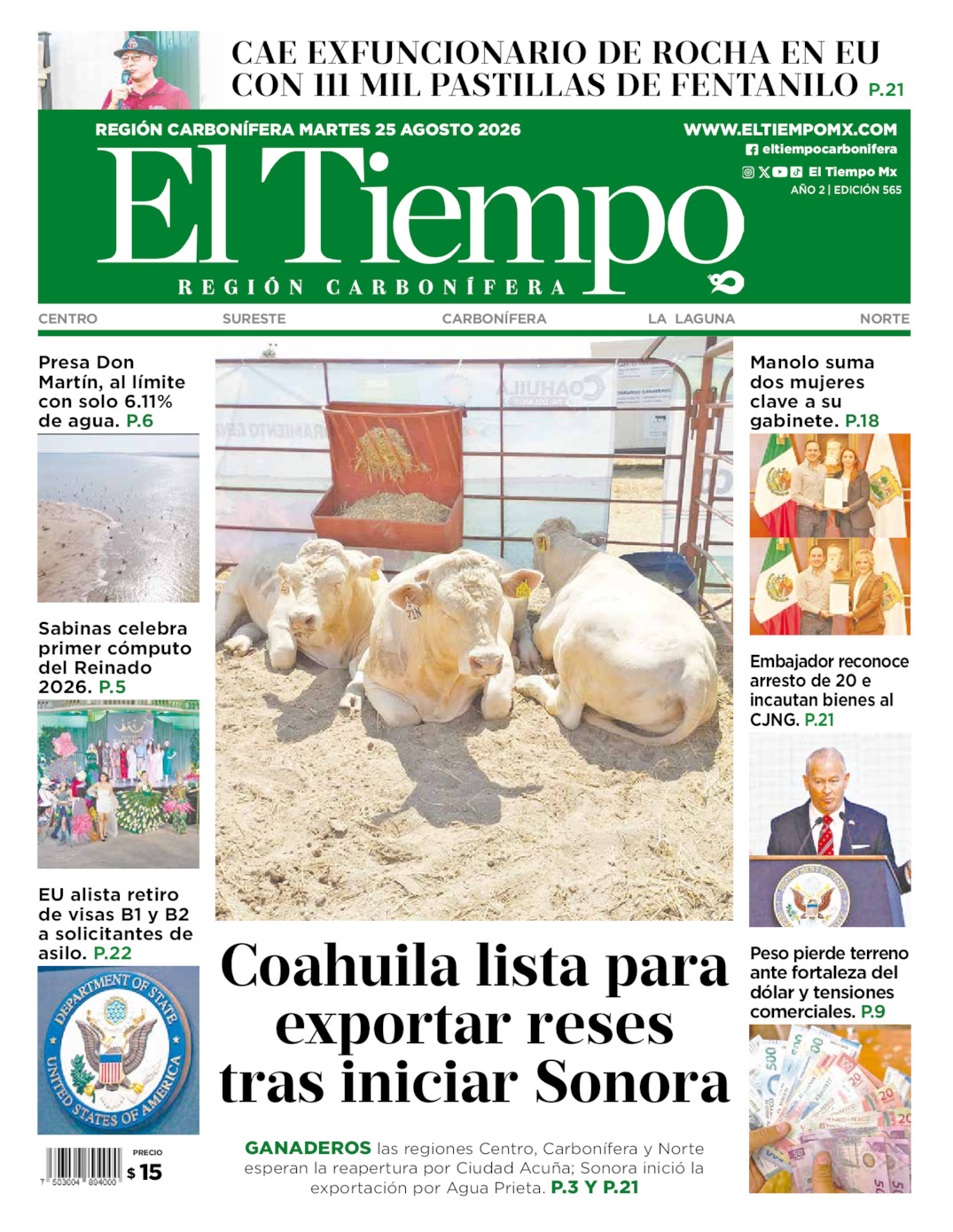 Edición impresa: Portada del martes 25 de agosto de 2026, El Tiempo región <strong>Carbonífera</strong>
