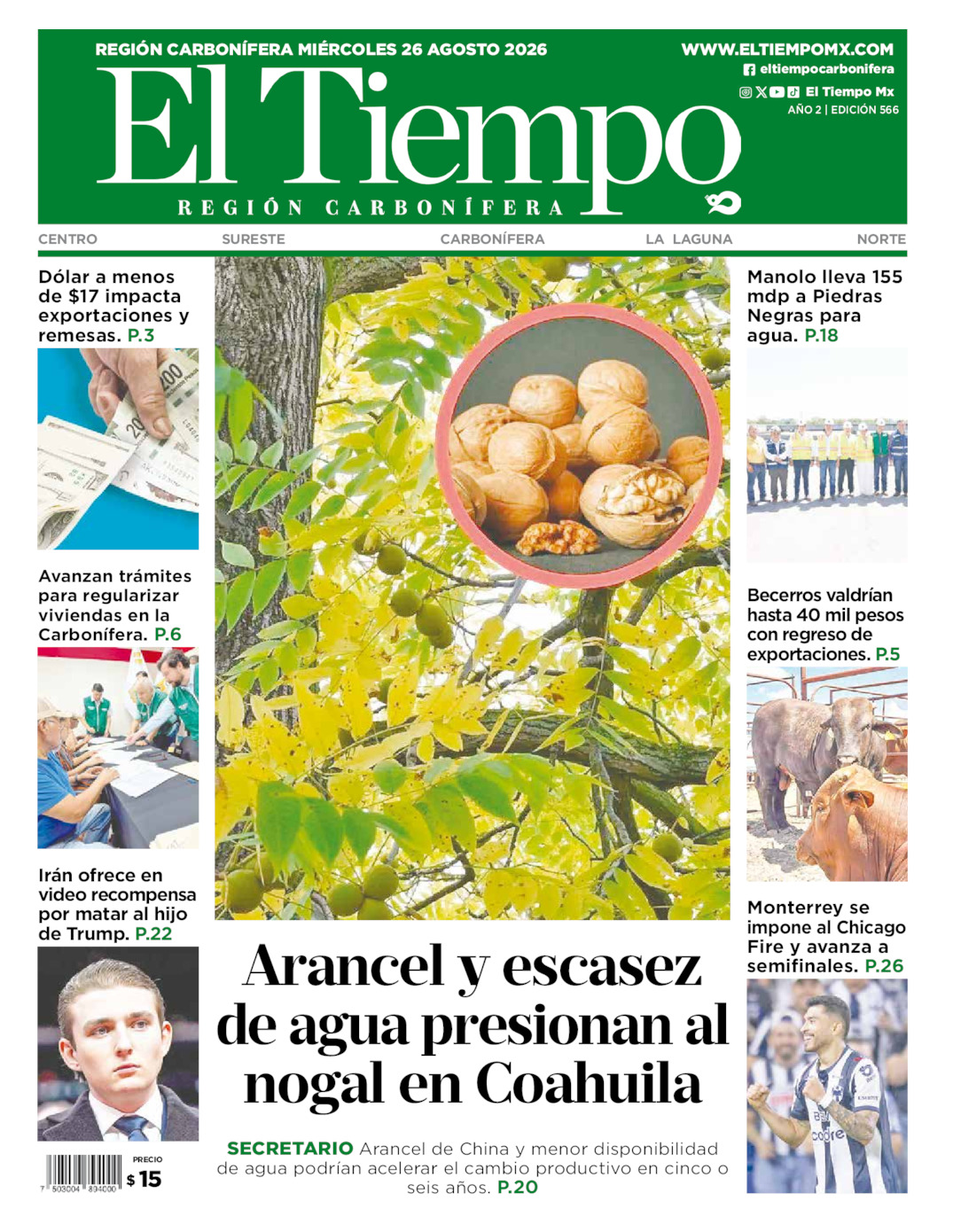 Edición impresa: Portada del miércoles 26 de agosto de 2026, El Tiempo región <strong>Carbonífera</strong>
