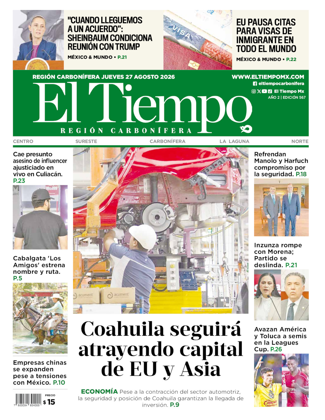 Edición impresa: Portada del jueves 27 de agosto de 2026, El Tiempo región <strong>Carbonífera</strong>