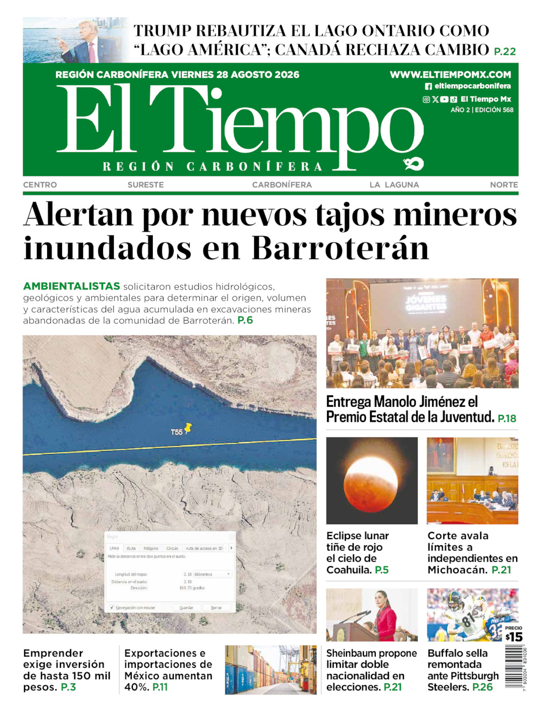 Edición impresa: Portada del viernes 28 de agosto de 2026, El Tiempo región <strong>Carbonífera</strong>