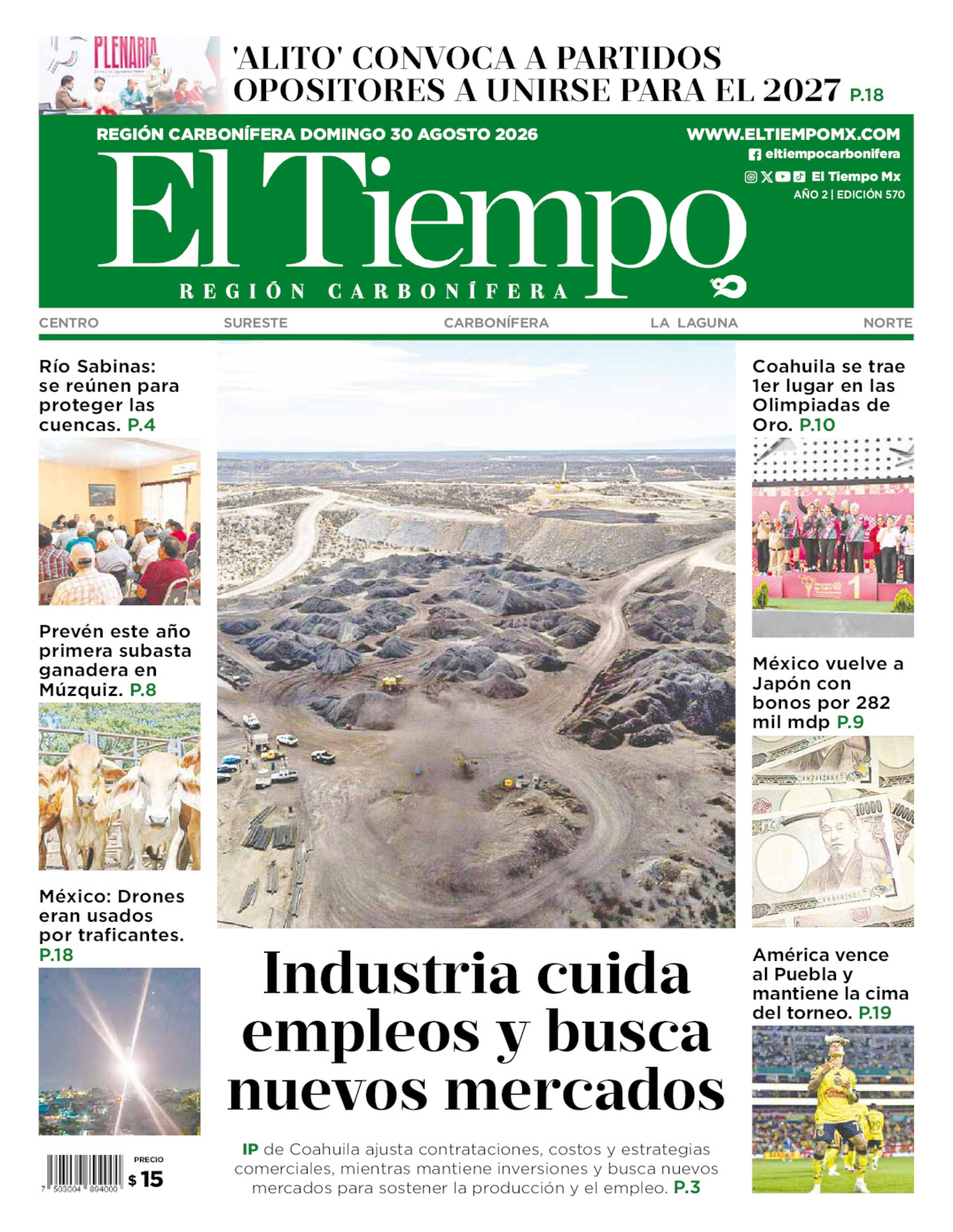 Edición impresa: Portada del domingo 30 de agosto de 2026, El Tiempo región <strong>Carbonífera</strong>