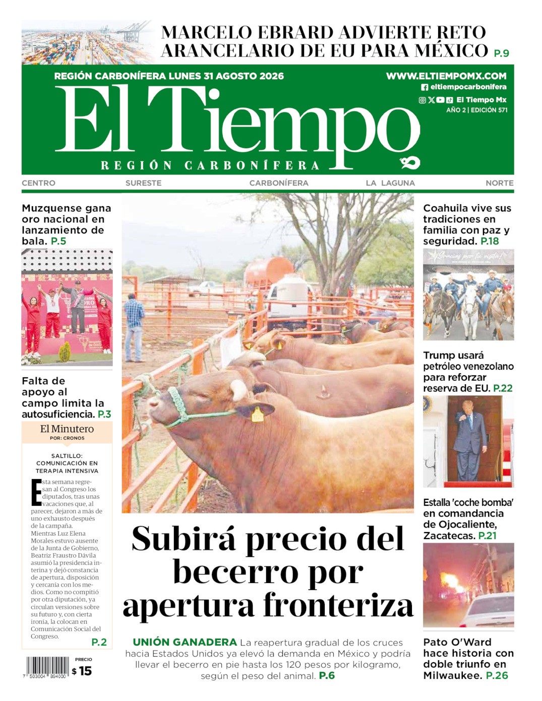 Edición impresa: Portada del lunes 31 de agosto de 2026, El Tiempo región <strong>Carbonífera</strong>