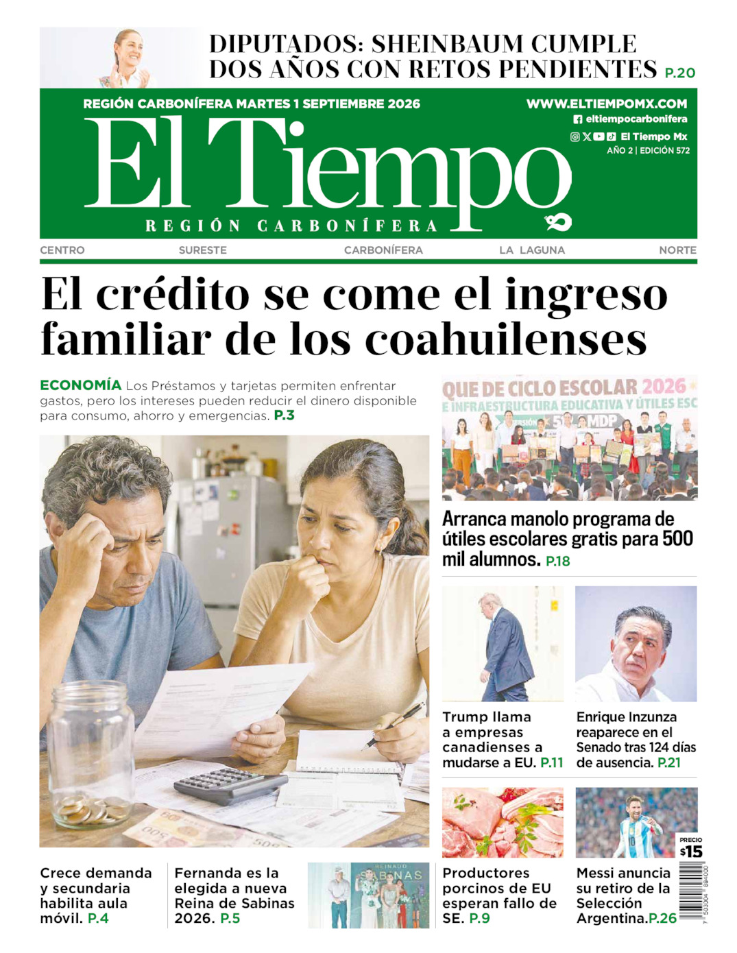 Edición impresa: Portada del martes 01 de septiembre de 2026, El Tiempo región <strong>Carbonífera</strong>