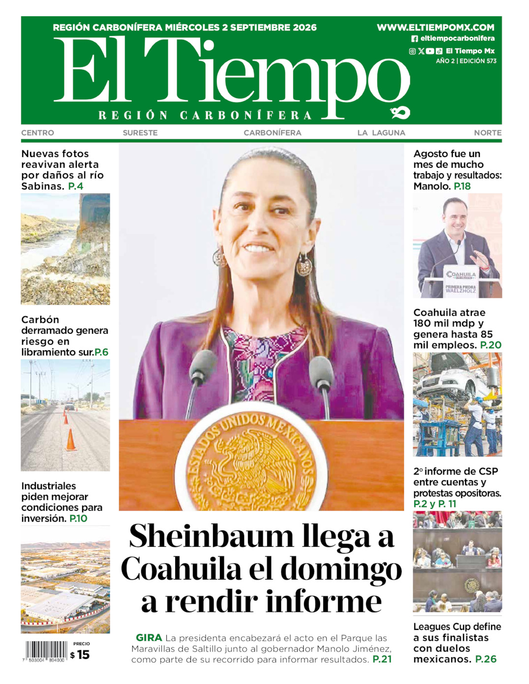 Edición impresa: Portada del miércoles 02 de septiembre de 2026, El Tiempo región <strong>Carbonífera</strong>