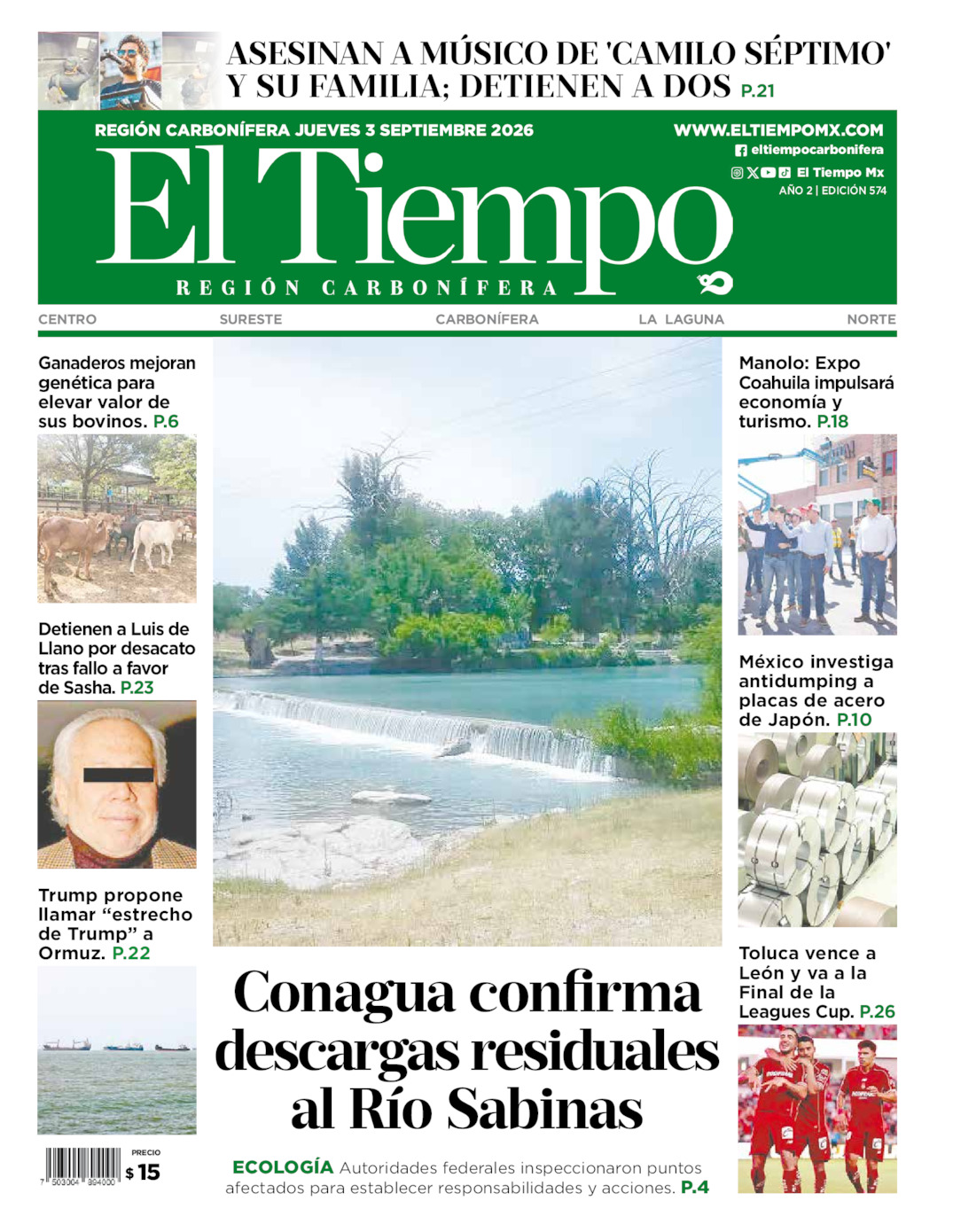 Edición impresa: Portada del jueves 03 de septiembre de 2026, El Tiempo región <strong>Carbonífera</strong>