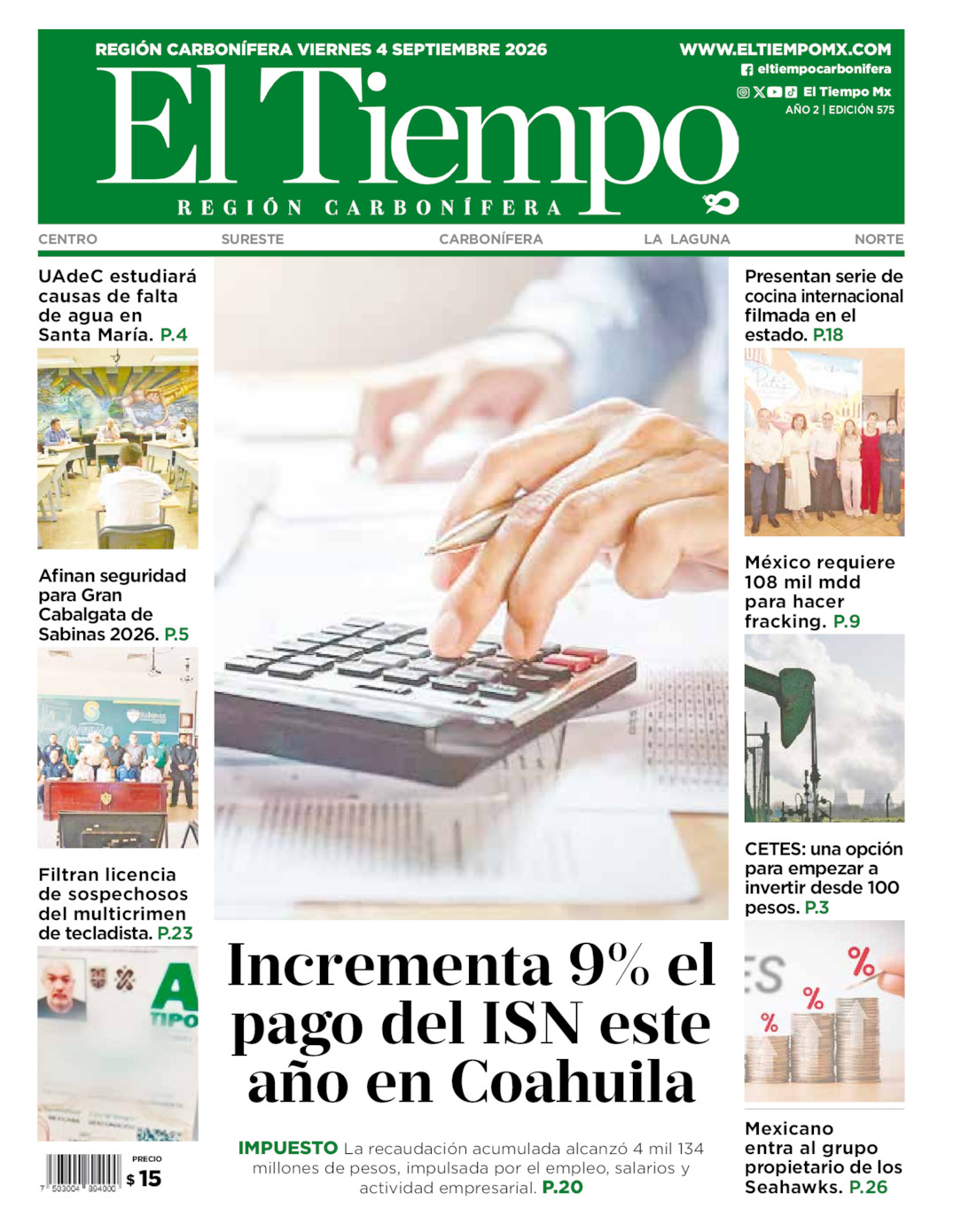 Edición impresa: Portada del viernes 04 de septiembre de 2026, El Tiempo región <strong>Carbonífera</strong>