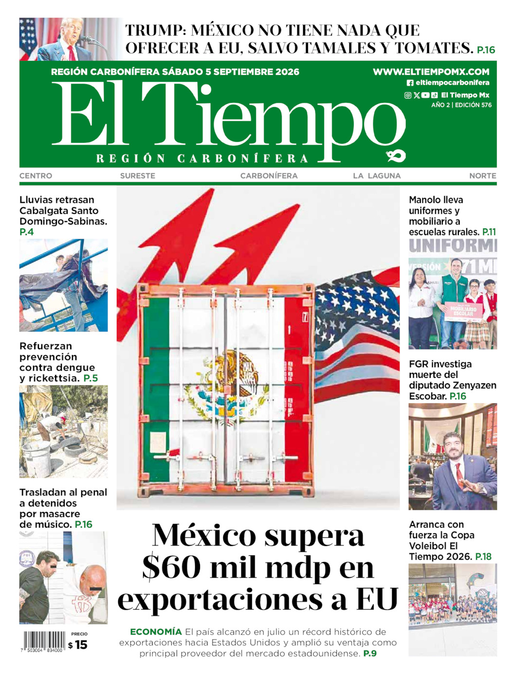 Edición impresa: Portada del sábado 05 de septiembre de 2026, El Tiempo región <strong>Carbonífera</strong>