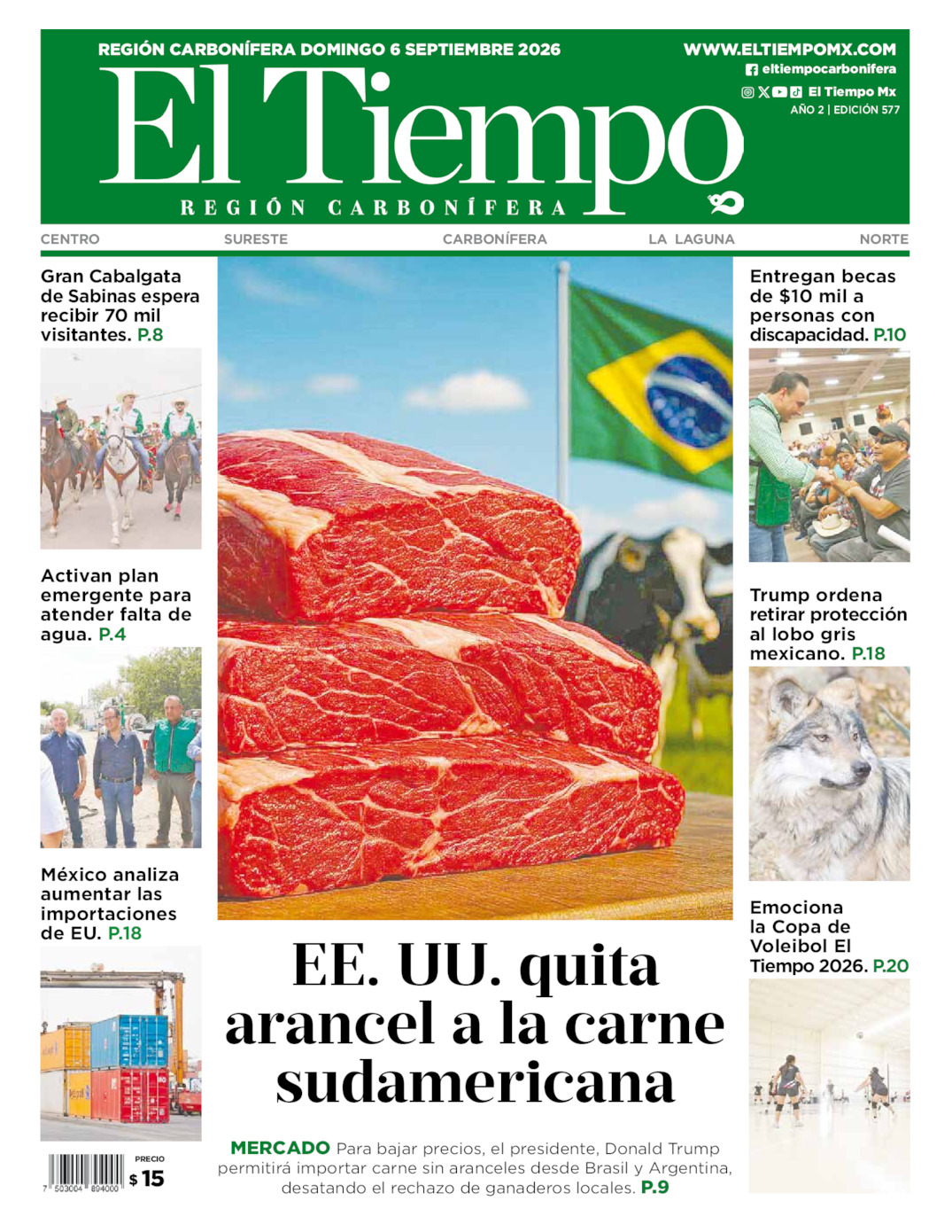 Edición impresa: Portada del domingo 06 de septiembre de 2026, El Tiempo región <strong>Carbonífera</strong>