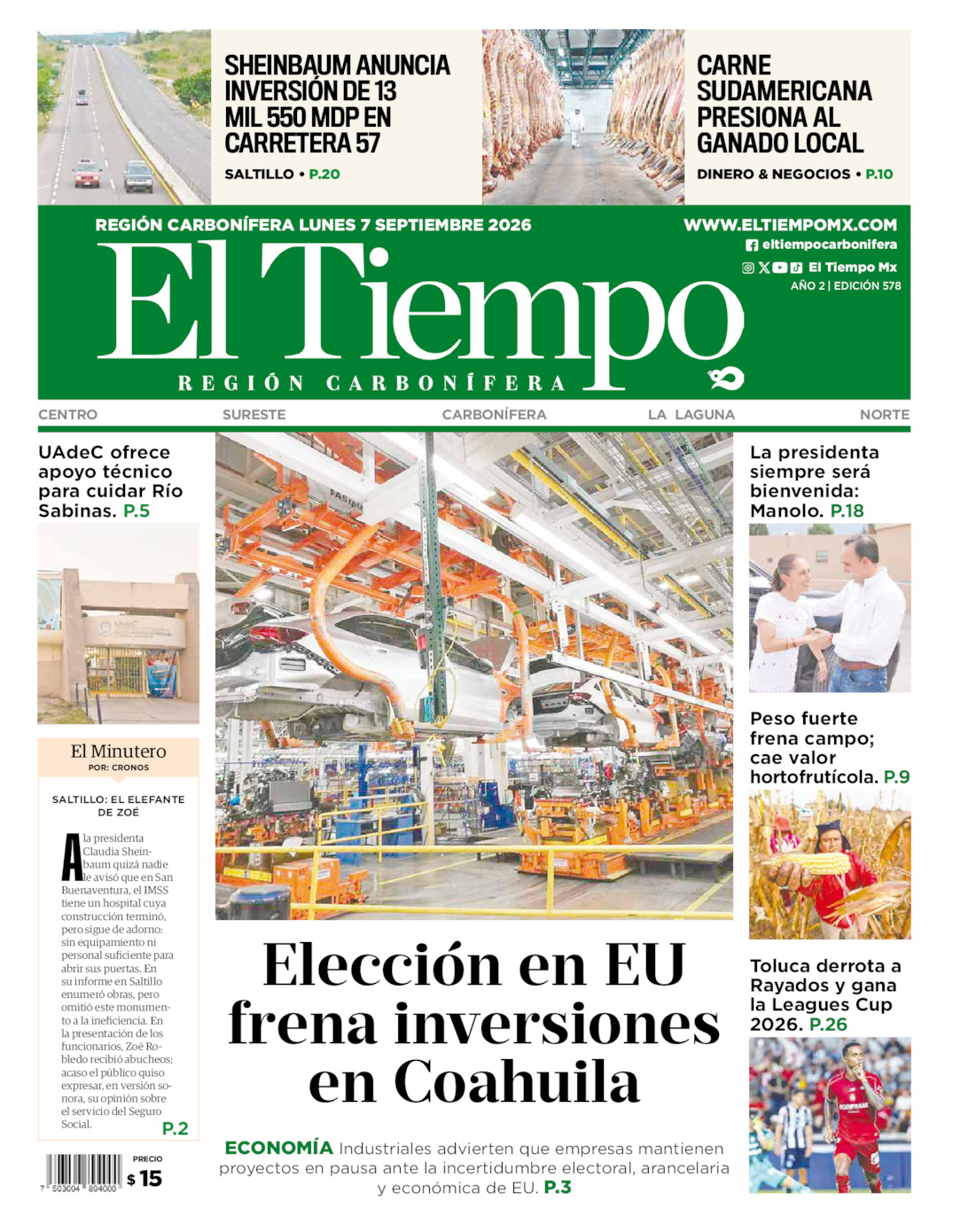 Edición impresa: Portada del lunes 07 de septiembre de 2026, El Tiempo región <strong>Carbonífera</strong>