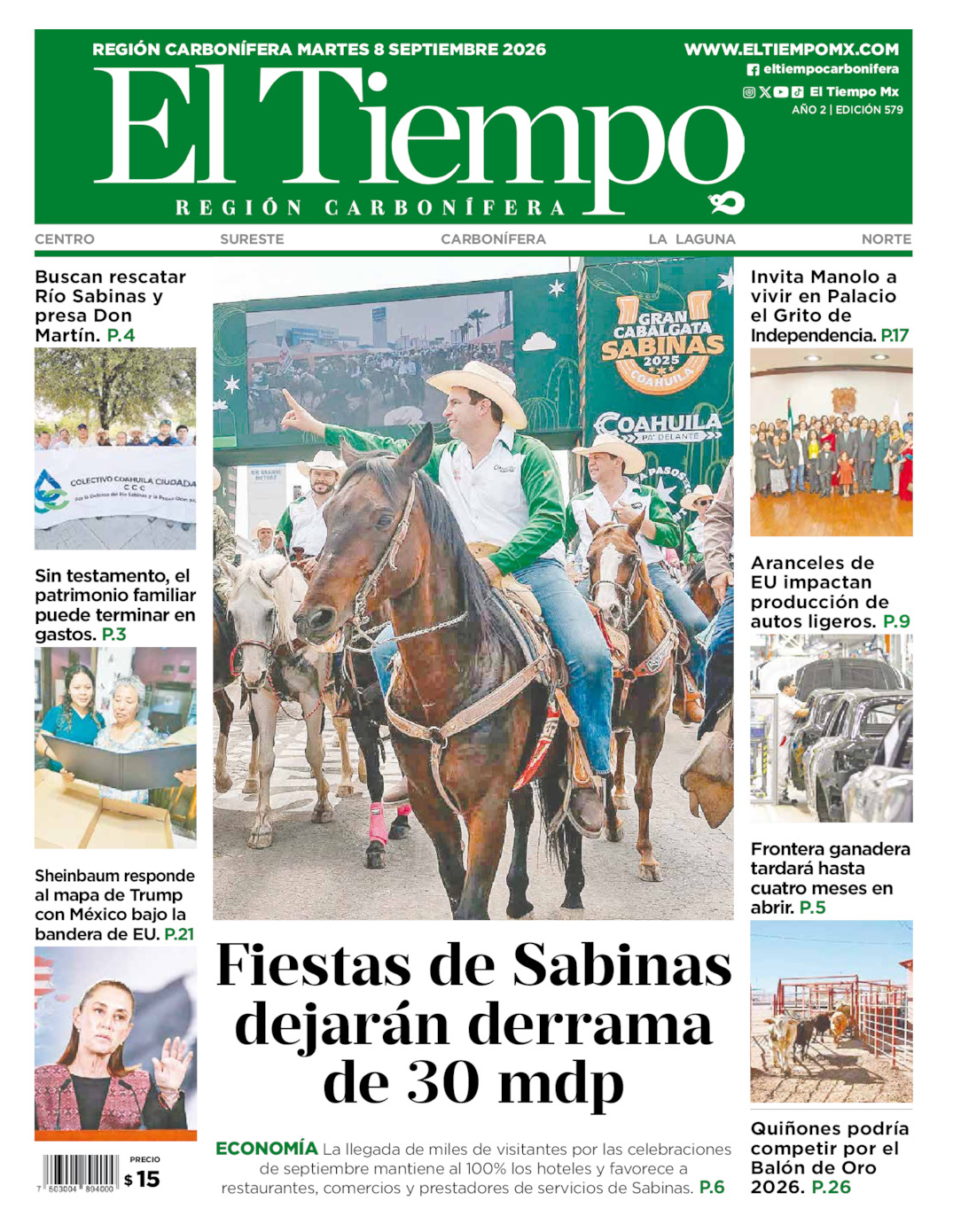 Edición impresa: Portada del martes 08 de septiembre de 2026, El Tiempo región <strong>Carbonífera</strong>