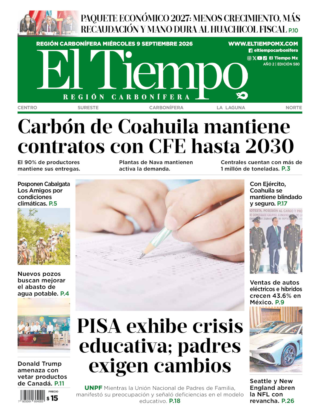 Edición impresa: Portada del miércoles 09 de septiembre de 2026, El Tiempo región <strong>Carbonífera</strong>