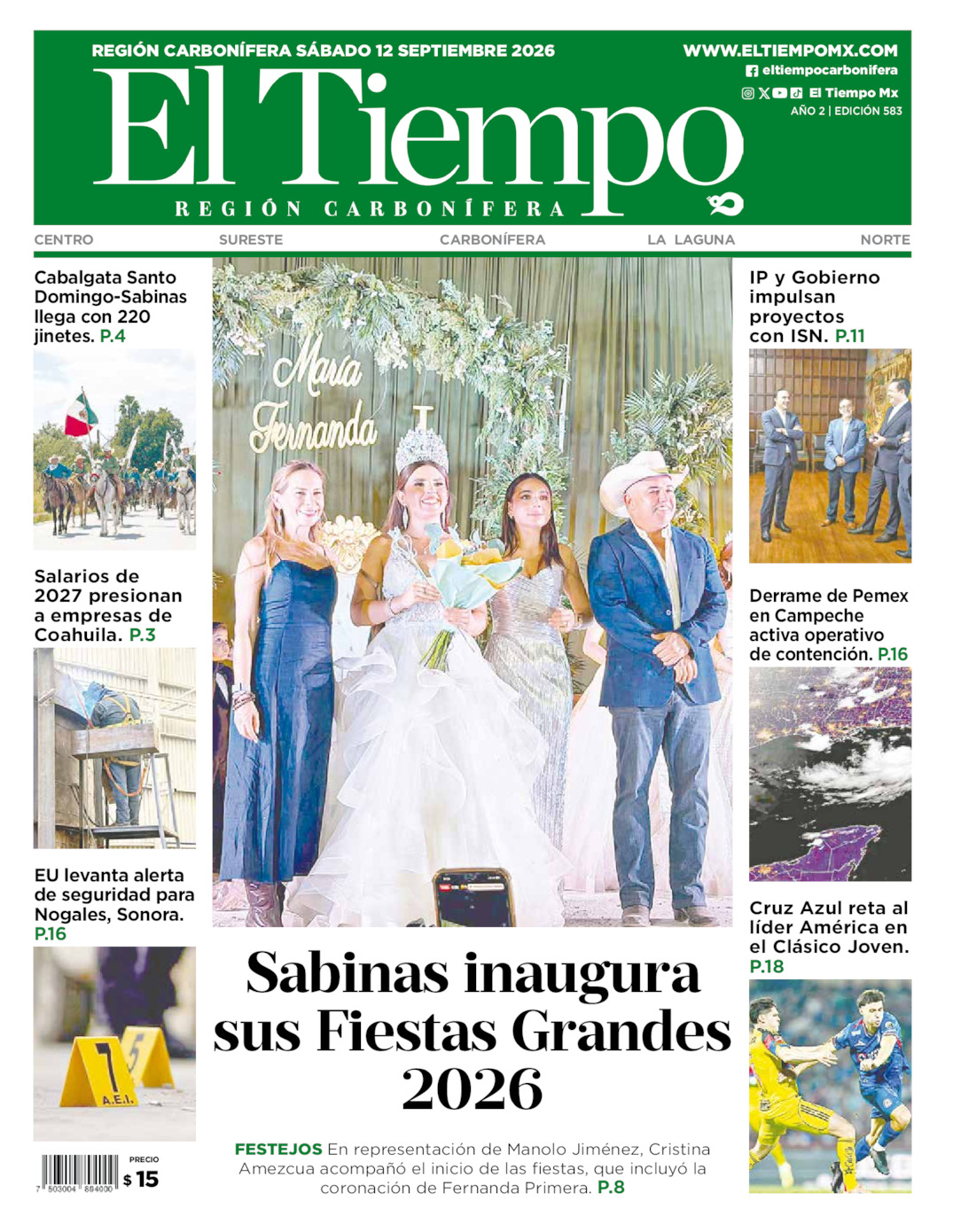 Edición impresa: Portada del sábado 12 de septiembre de 2026, El Tiempo región <strong>Carbonífera</strong>
