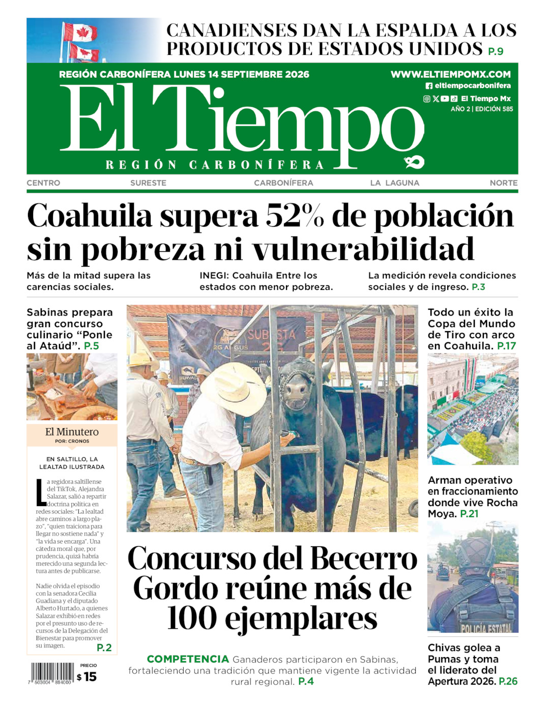 Edición impresa: Portada del lunes 14 de septiembre de 2026, El Tiempo región <strong>Carbonífera</strong>