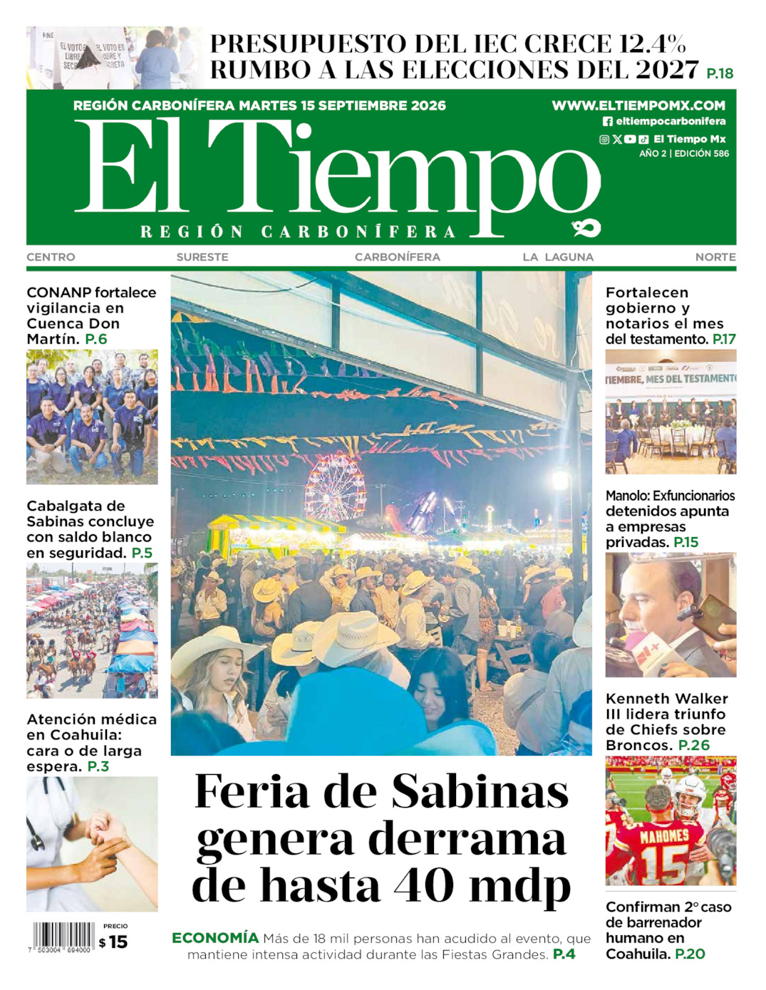 Edición impresa: Portada del martes 15 de septiembre de 2026, El Tiempo región <strong>Carbonífera</strong>