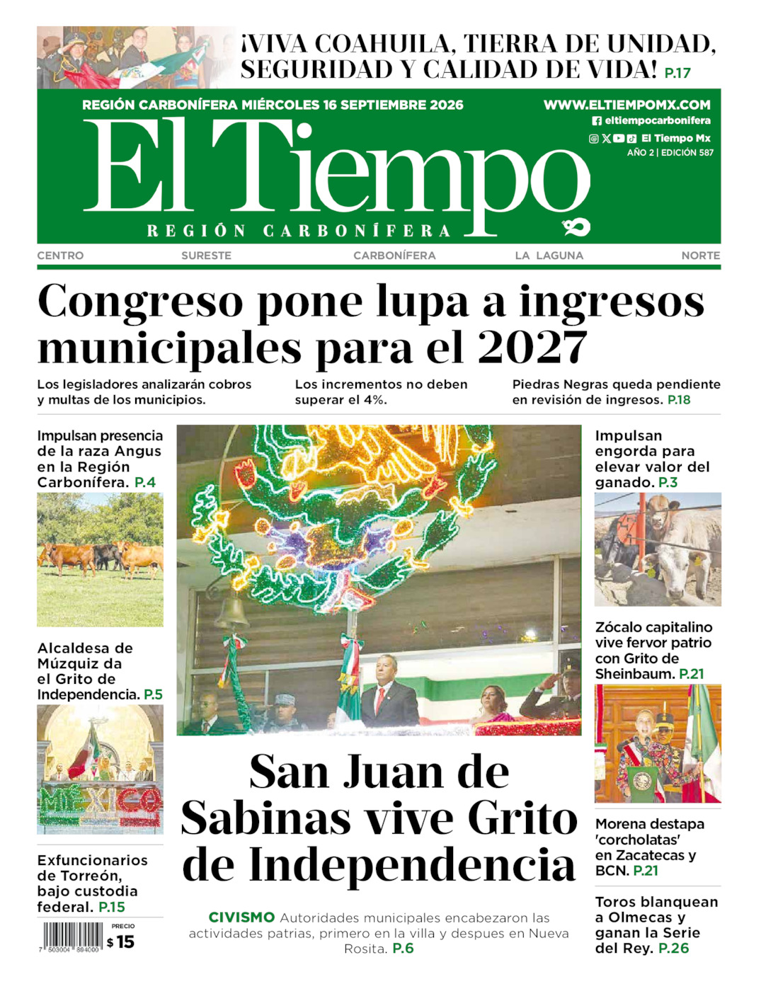 Edición impresa: Portada del miércoles 16 de septiembre de 2026, El Tiempo región <strong>Carbonífera</strong>