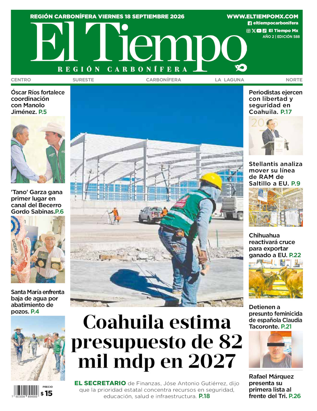 Edición impresa: Portada del viernes 18 de septiembre de 2026, El Tiempo región <strong>Carbonífera</strong>