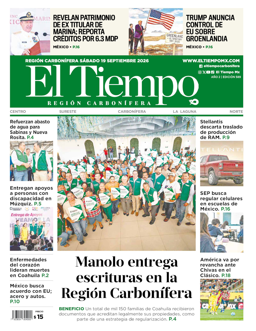 Edición impresa: Portada del sábado 19 de septiembre de 2026, El Tiempo región <strong>Carbonífera</strong>