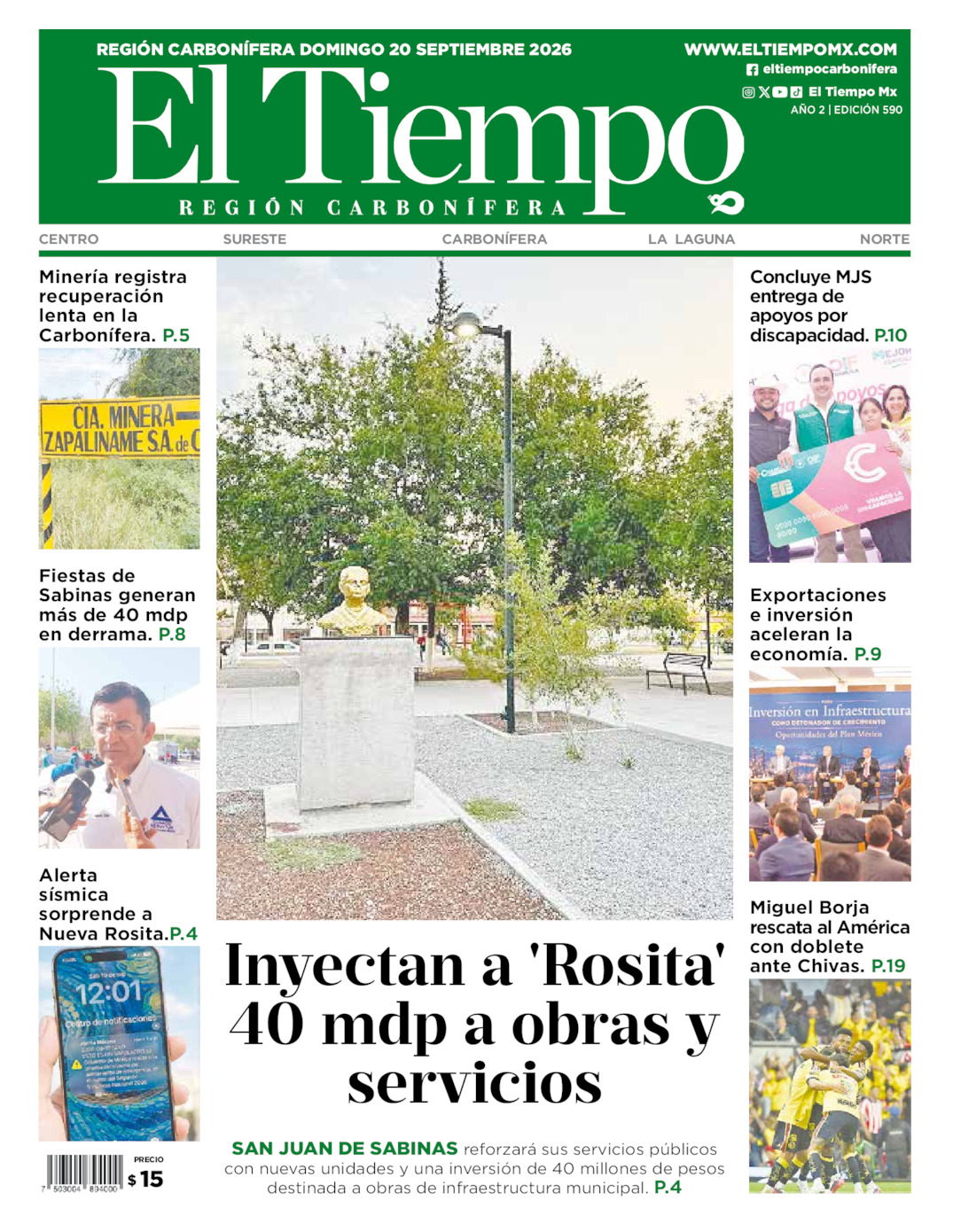 Edición impresa: Portada del domingo 20 de septiembre de 2026, El Tiempo región <strong>Carbonífera</strong>