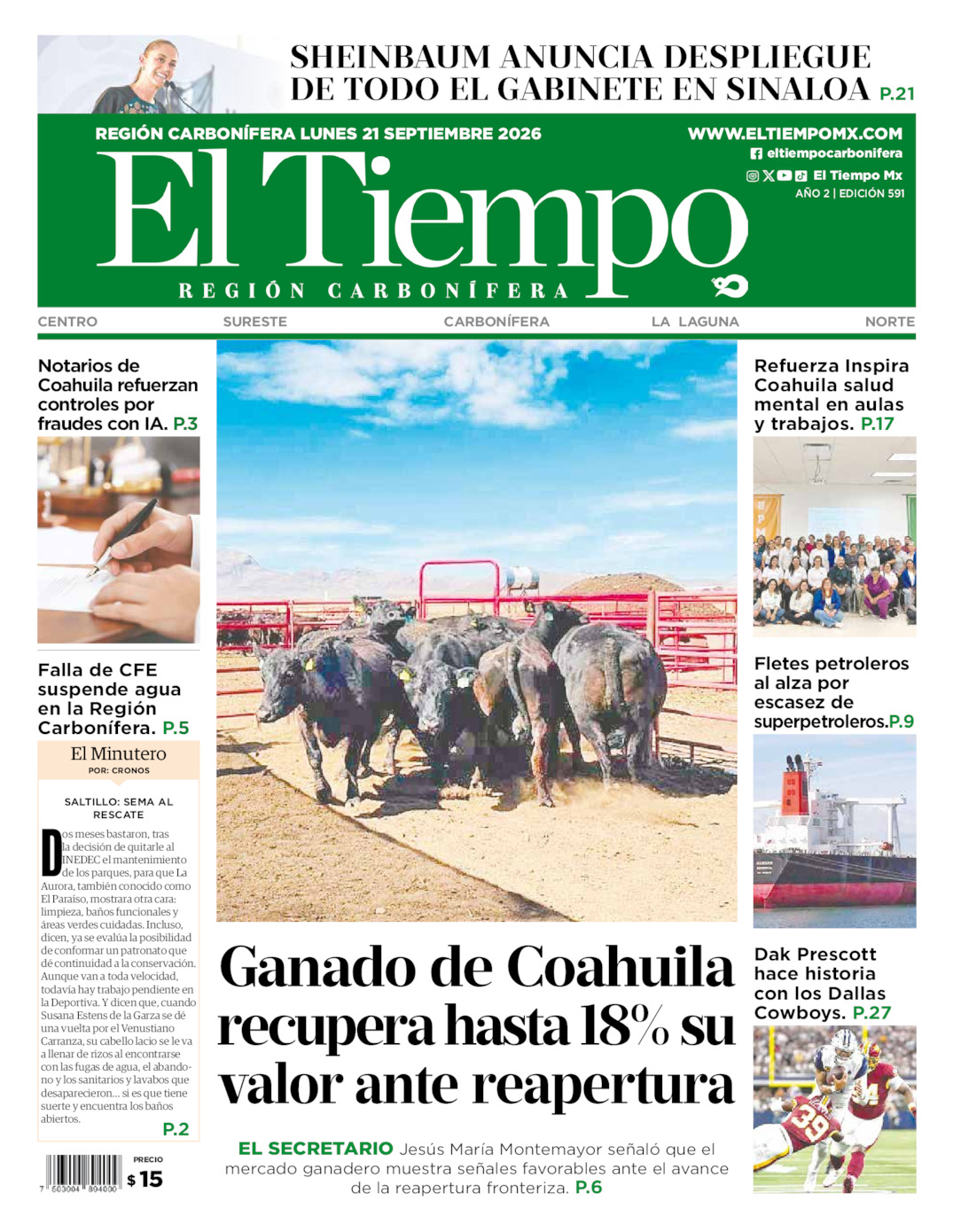 Edición impresa: Portada del lunes 21 de septiembre de 2026, El Tiempo región <strong>Carbonífera</strong>