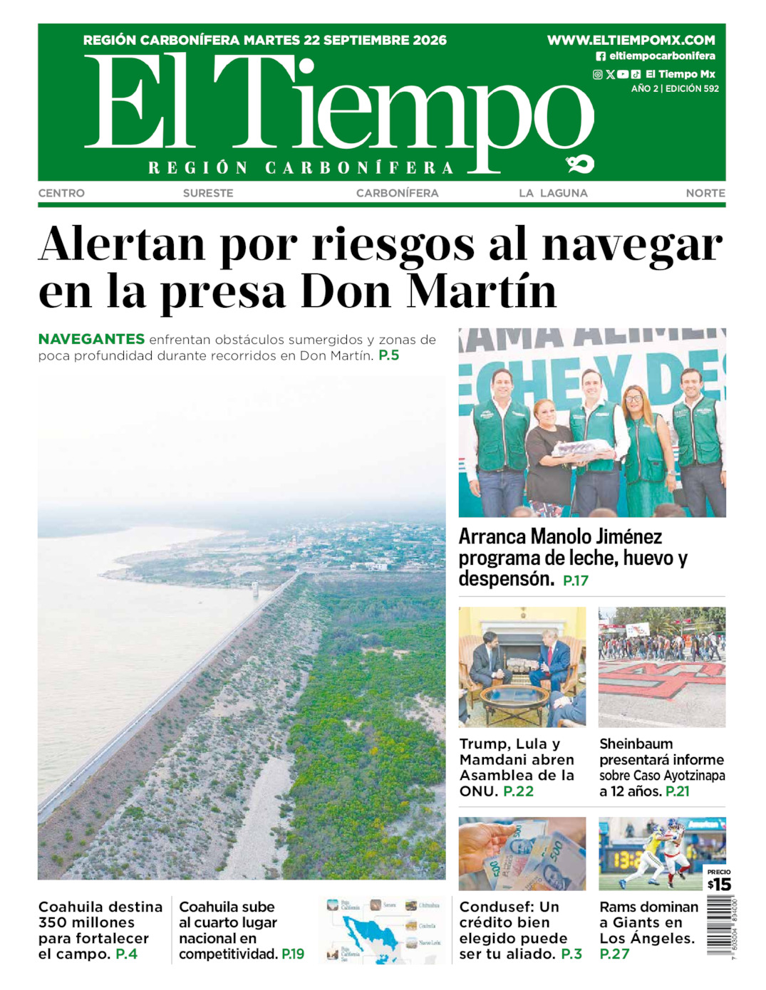 Edición impresa: Portada del martes 22 de septiembre de 2026, El Tiempo región <strong>Carbonífera</strong>