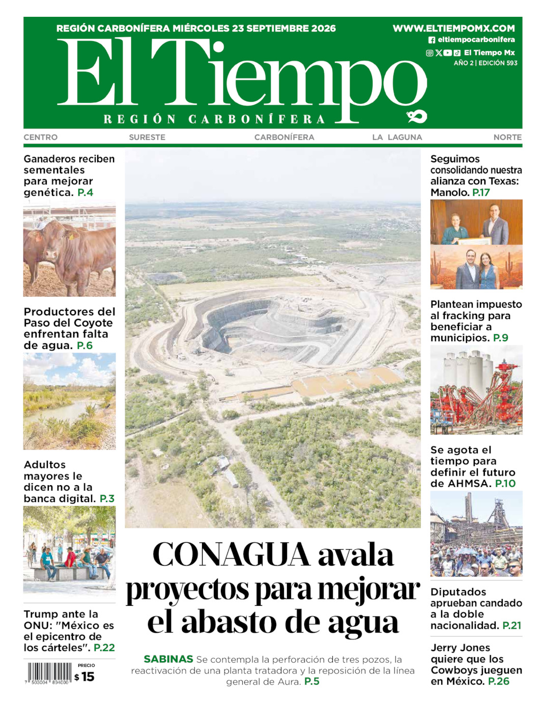 Edición impresa: Portada del miércoles 23 de septiembre de 2026, El Tiempo región <strong>Carbonífera</strong>