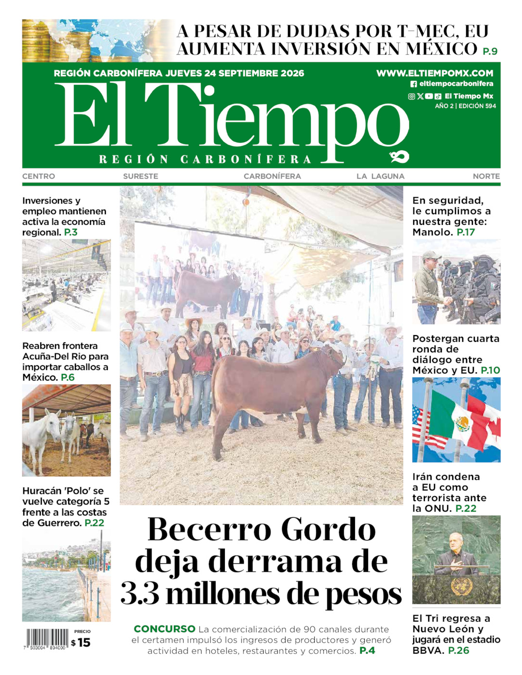 Edición impresa: Portada del jueves 24 de septiembre de 2026, El Tiempo región <strong>Carbonífera</strong>