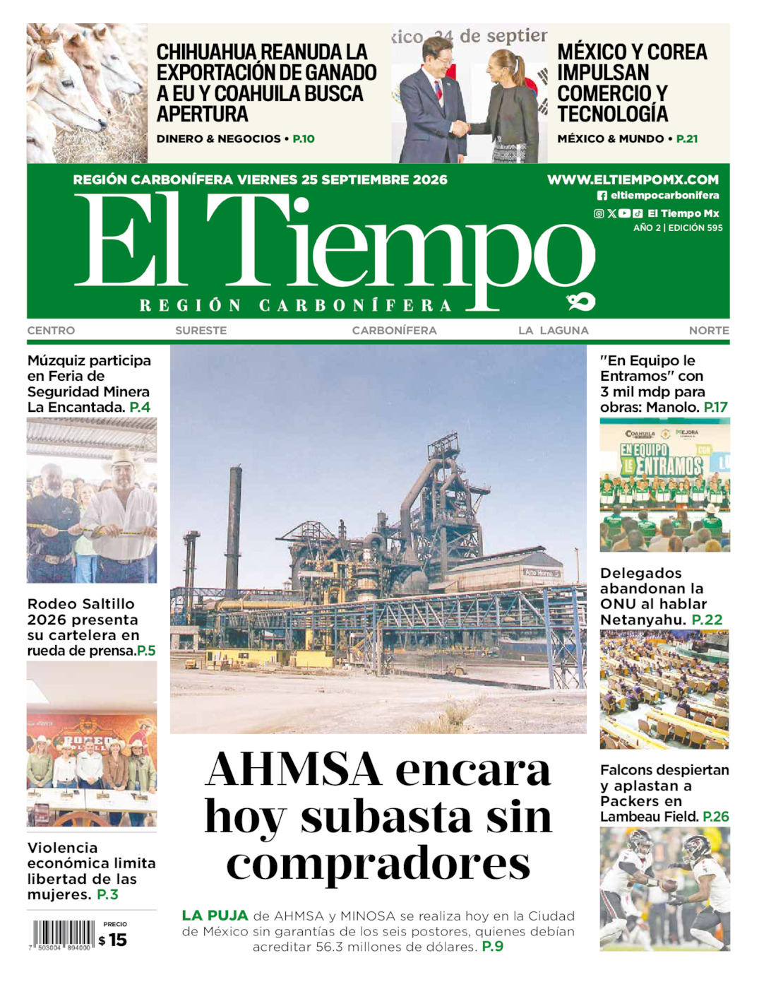 Edición impresa: Portada del viernes 25 de septiembre de 2026, El Tiempo región <strong>Carbonífera</strong>