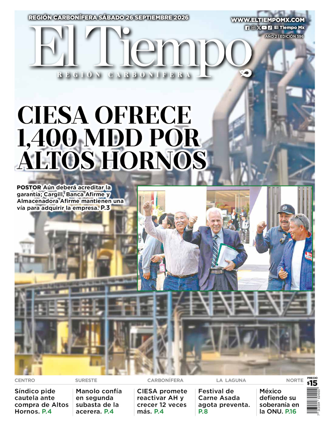 Edición impresa: Portada del sábado 26 de septiembre de 2026, El Tiempo región <strong>Carbonífera</strong>