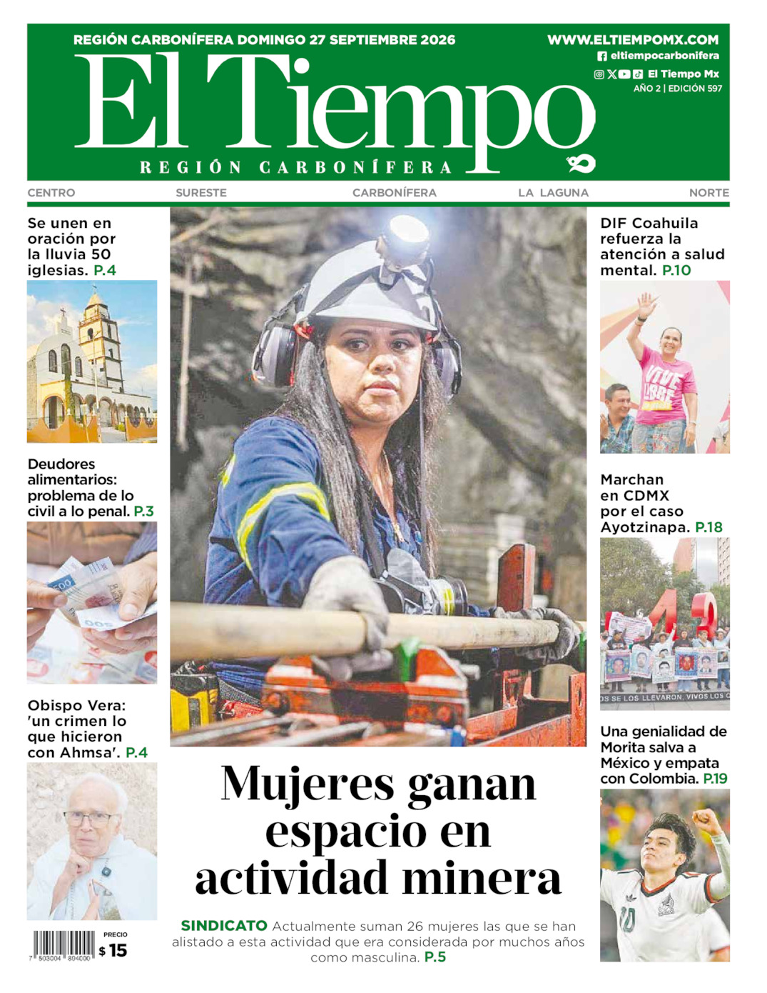 Edición impresa: Portada del domingo 27 de septiembre de 2026, El Tiempo región <strong>Carbonífera</strong>