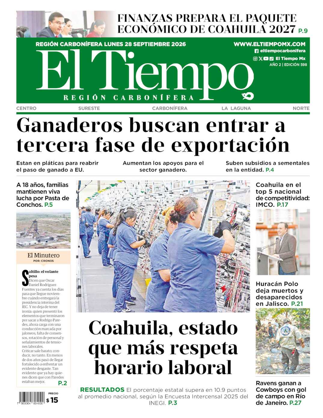Edición impresa: Portada del lunes 28 de septiembre de 2026, El Tiempo región <strong>Carbonífera</strong>