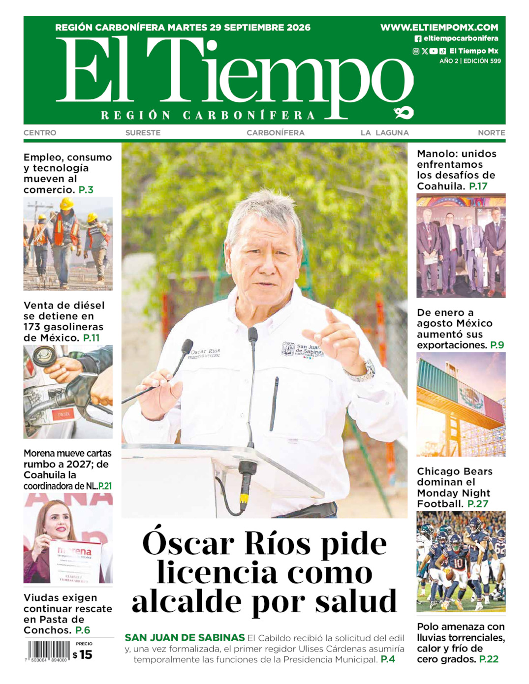 Edición impresa: Portada del martes 29 de septiembre de 2026, El Tiempo región <strong>Carbonífera</strong>