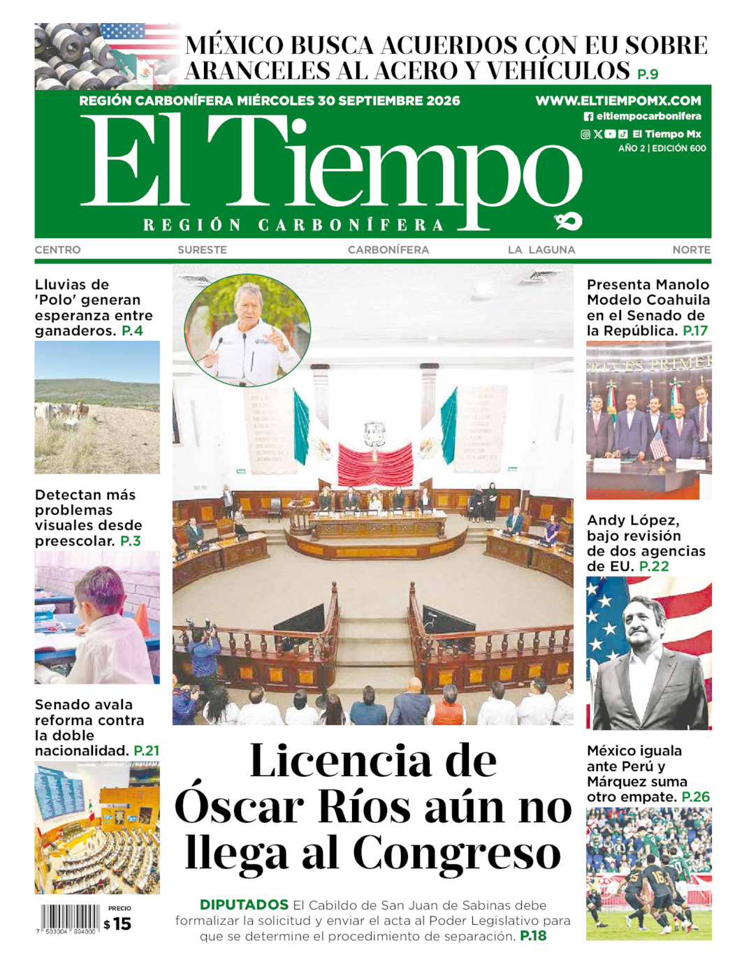 Edición impresa: Portada del miércoles 30 de septiembre de 2026, El Tiempo región <strong>Carbonífera</strong>