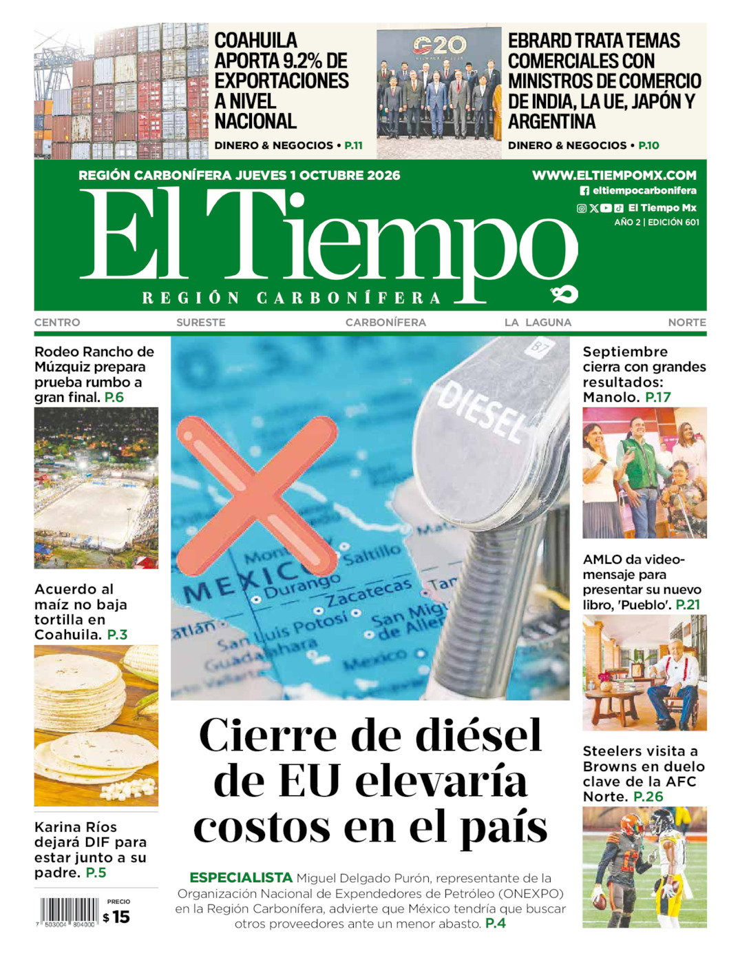 Edición impresa: Portada del jueves 01 de octubre de 2026, El Tiempo región <strong>Carbonífera</strong>
