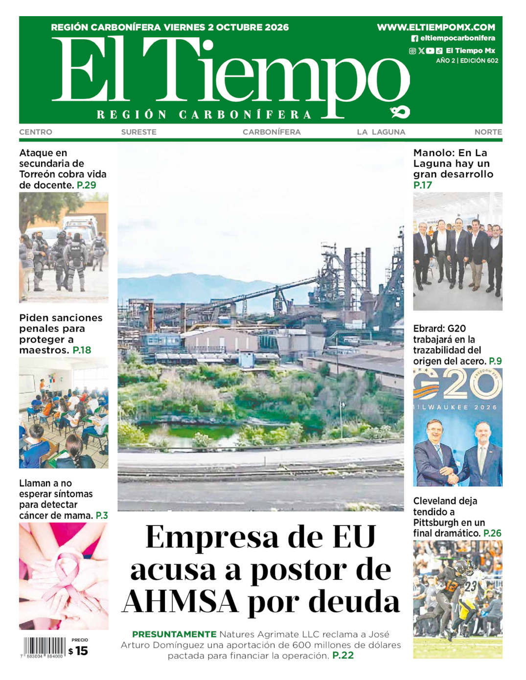 Edición impresa: Portada del viernes 02 de octubre de 2026, El Tiempo región <strong>Carbonífera</strong>