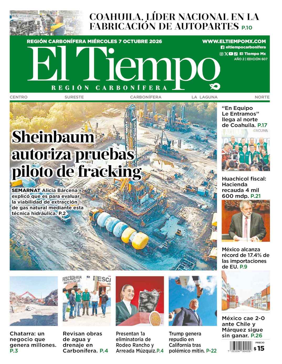 Edición impresa: Portada del miércoles 07 de octubre de 2026, El Tiempo región <strong>Carbonífera</strong>