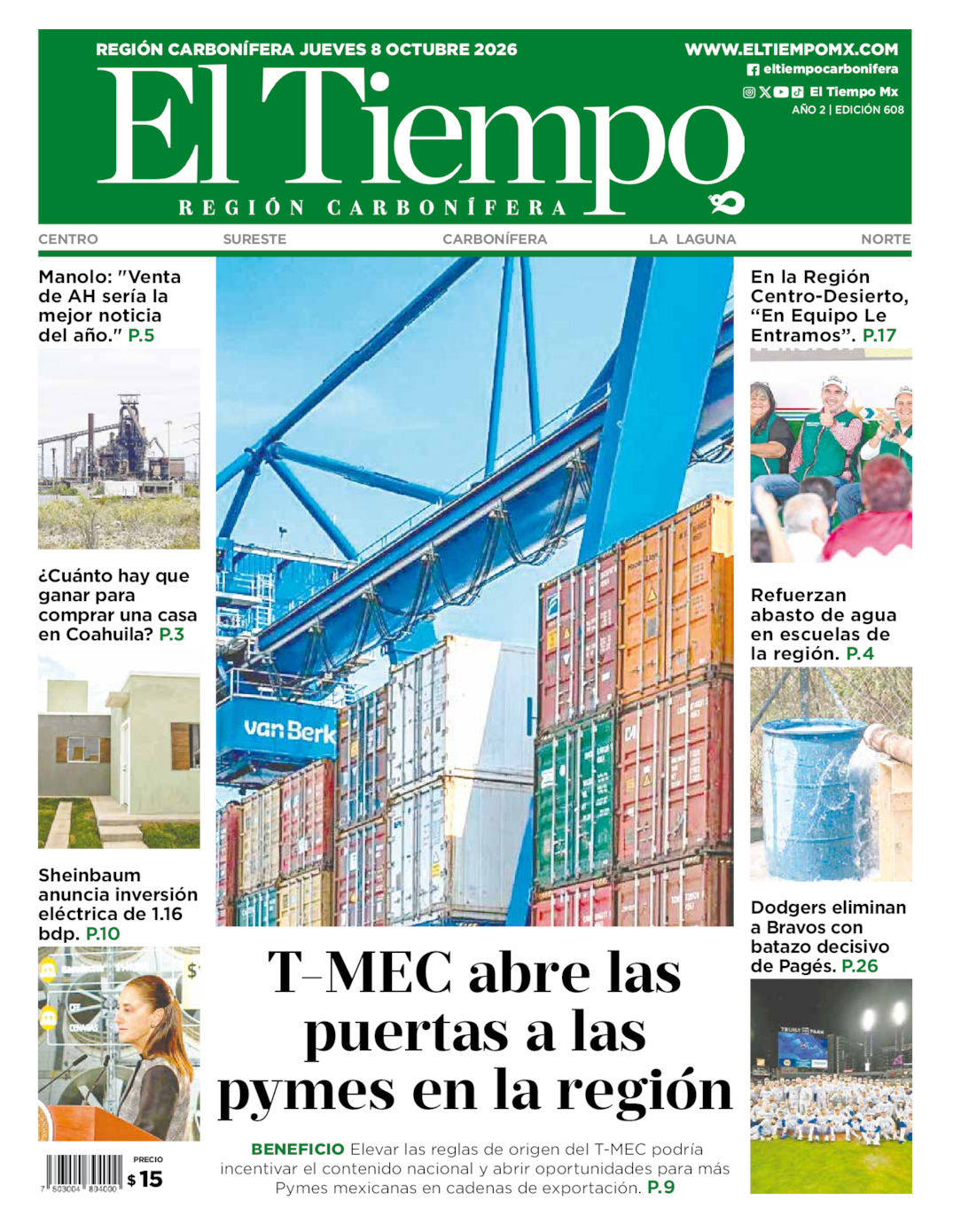 Edición impresa: Portada del jueves 08 de octubre de 2026, El Tiempo región <strong>Carbonífera</strong>
