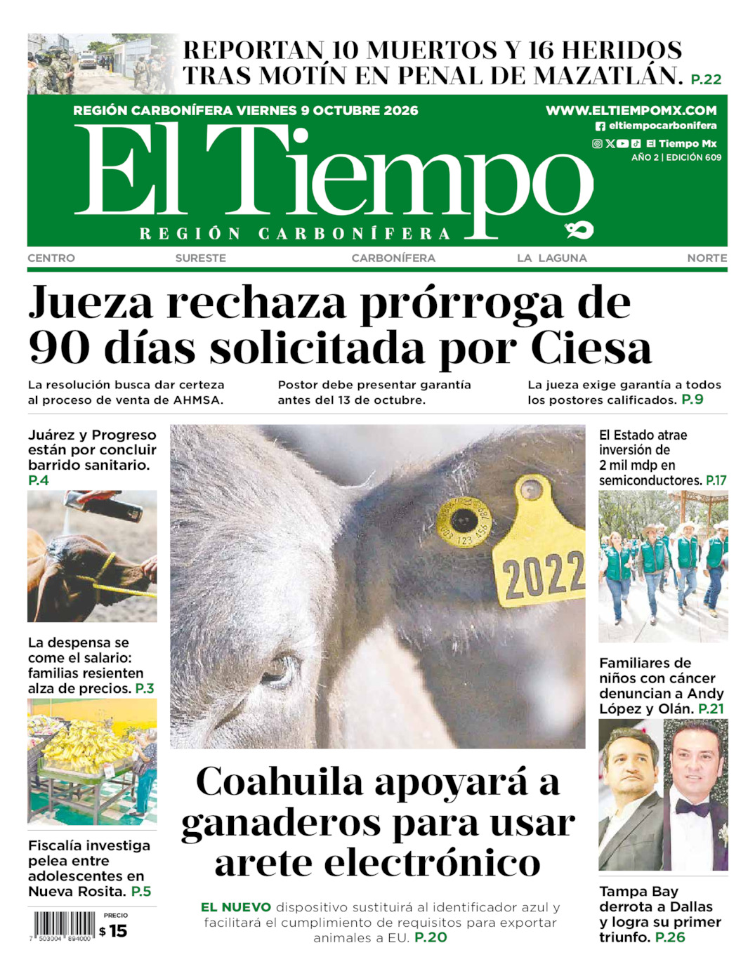 Edición impresa: Portada del viernes 09 de octubre de 2026, El Tiempo región <strong>Carbonífera</strong>
