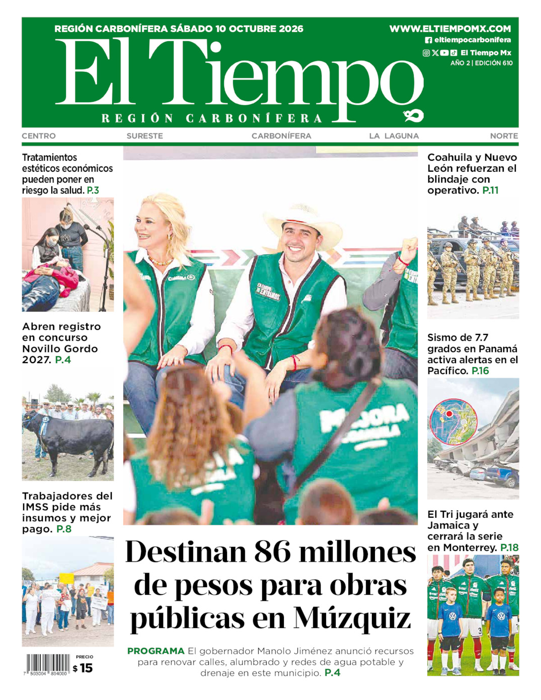 Edición impresa: Portada del sábado 10 de octubre de 2026, El Tiempo región <strong>Carbonífera</strong>