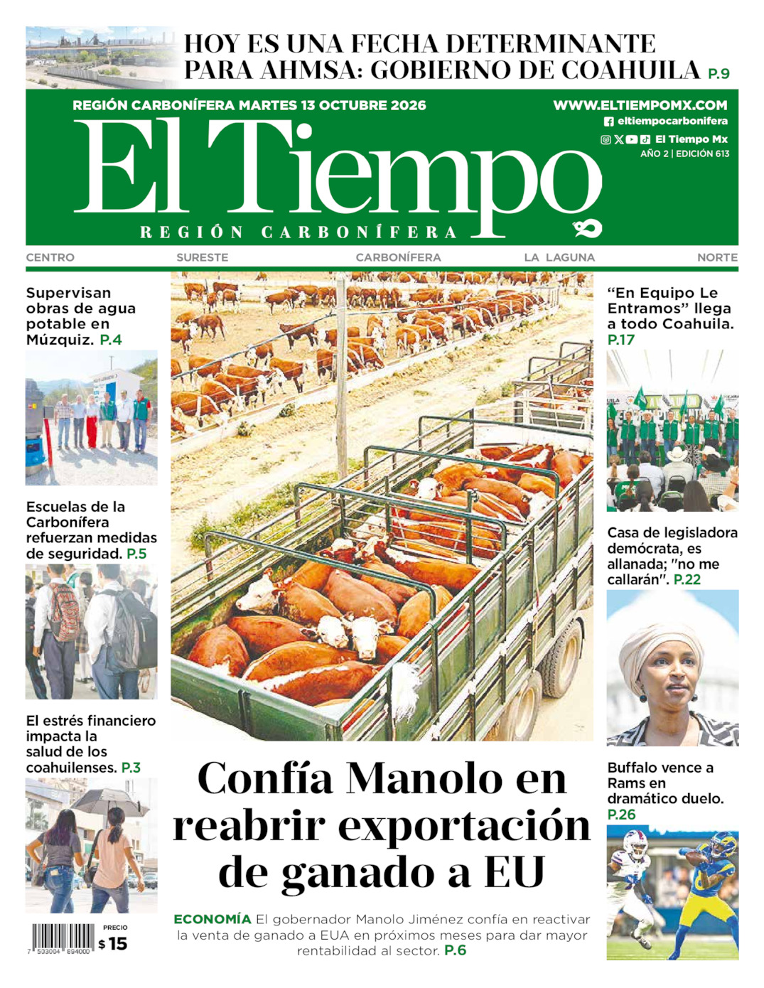 Edición impresa: Portada del martes 13 de octubre de 2026, El Tiempo región <strong>Carbonífera</strong>