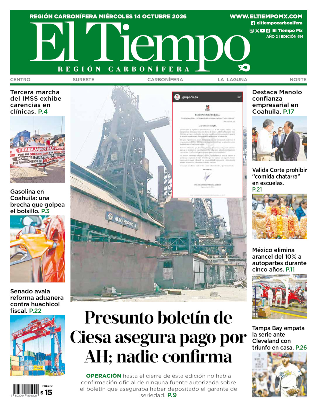 Edición impresa: Portada del miércoles 14 de octubre de 2026, El Tiempo región <strong>Carbonífera</strong>
