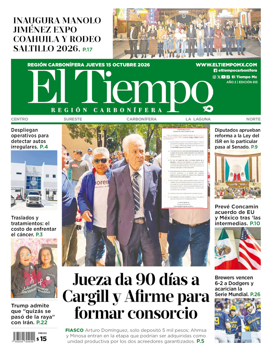 Edición impresa: Portada del jueves 15 de octubre de 2026, El Tiempo región <strong>Carbonífera</strong>