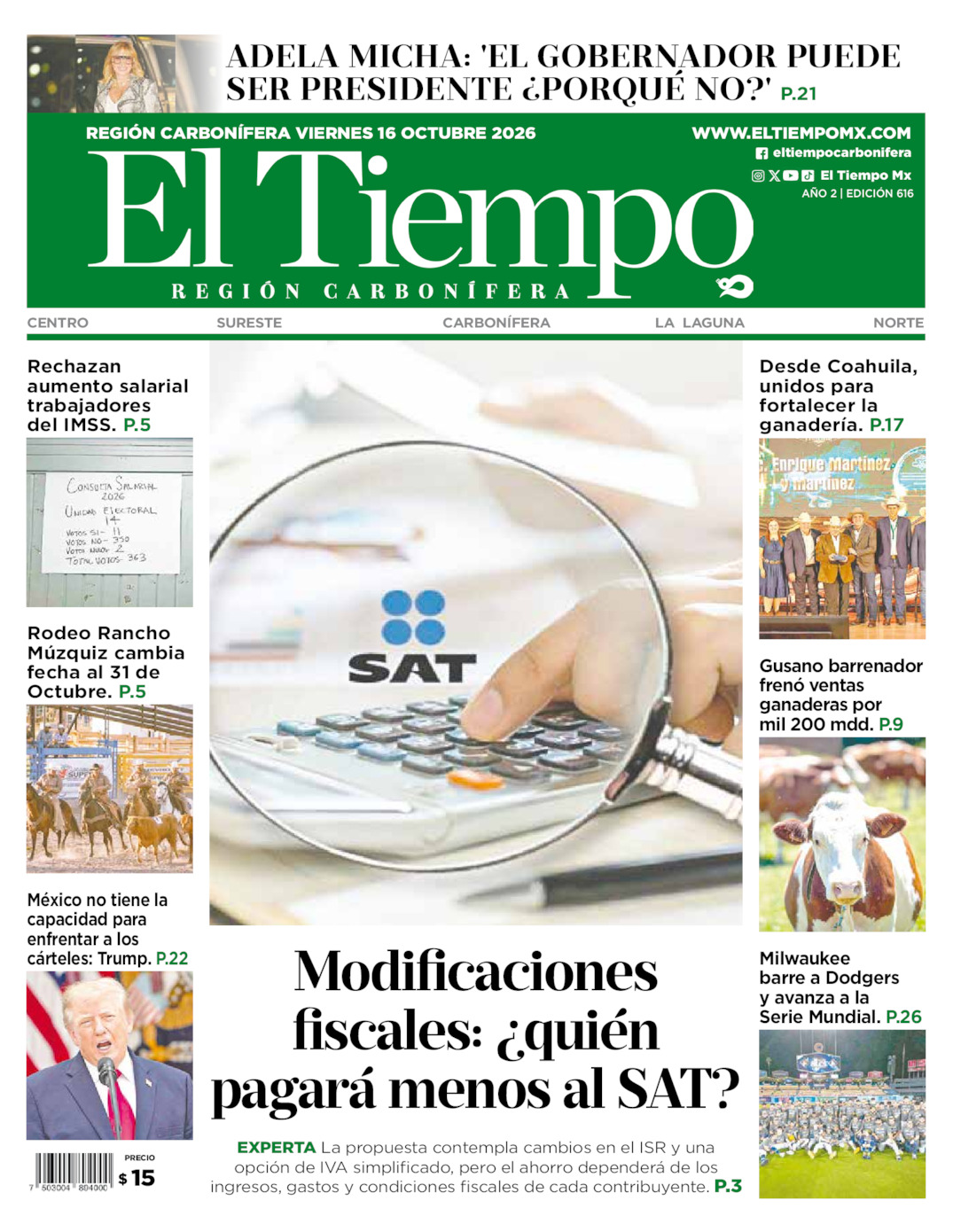 Edición impresa: Portada del viernes 16 de octubre de 2026, El Tiempo región <strong>Carbonífera</strong>