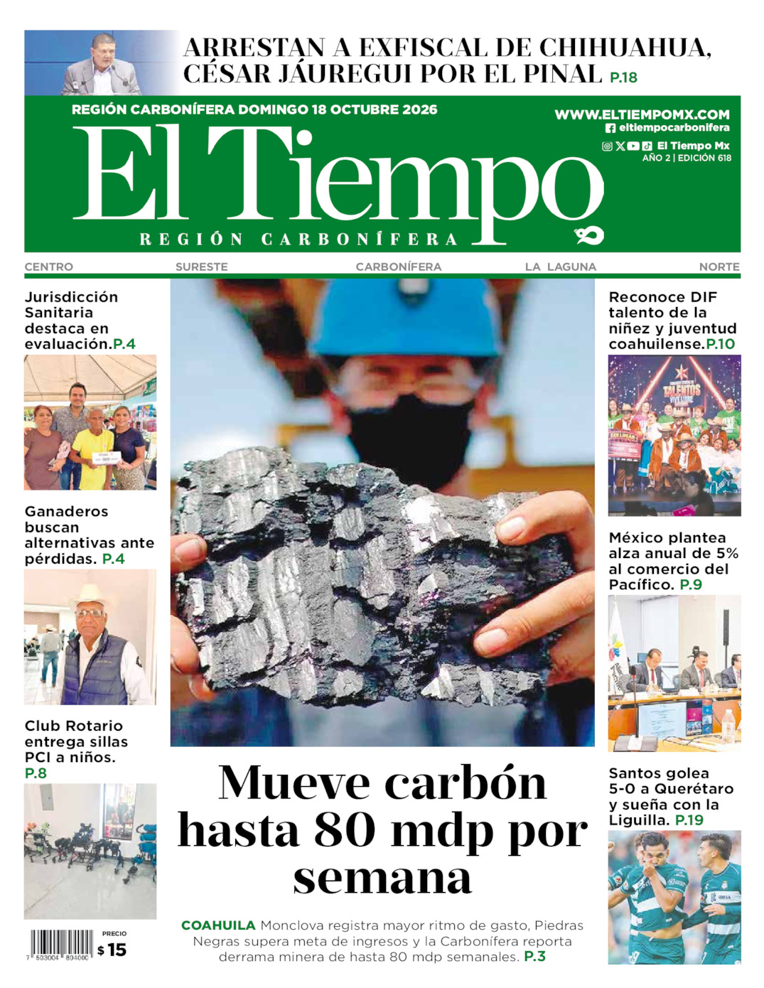 Edición impresa: Portada del domingo 18 de octubre de 2026, El Tiempo región <strong>Carbonífera</strong>