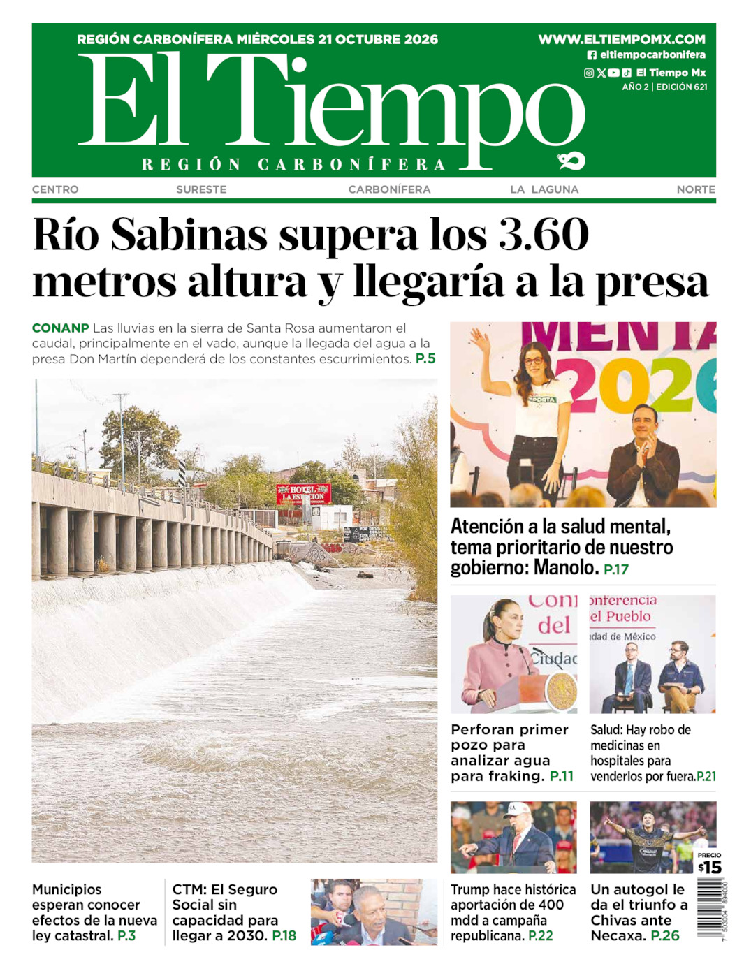 Edición impresa: Portada del miércoles 21 de octubre de 2026, El Tiempo región <strong>Carbonífera</strong>