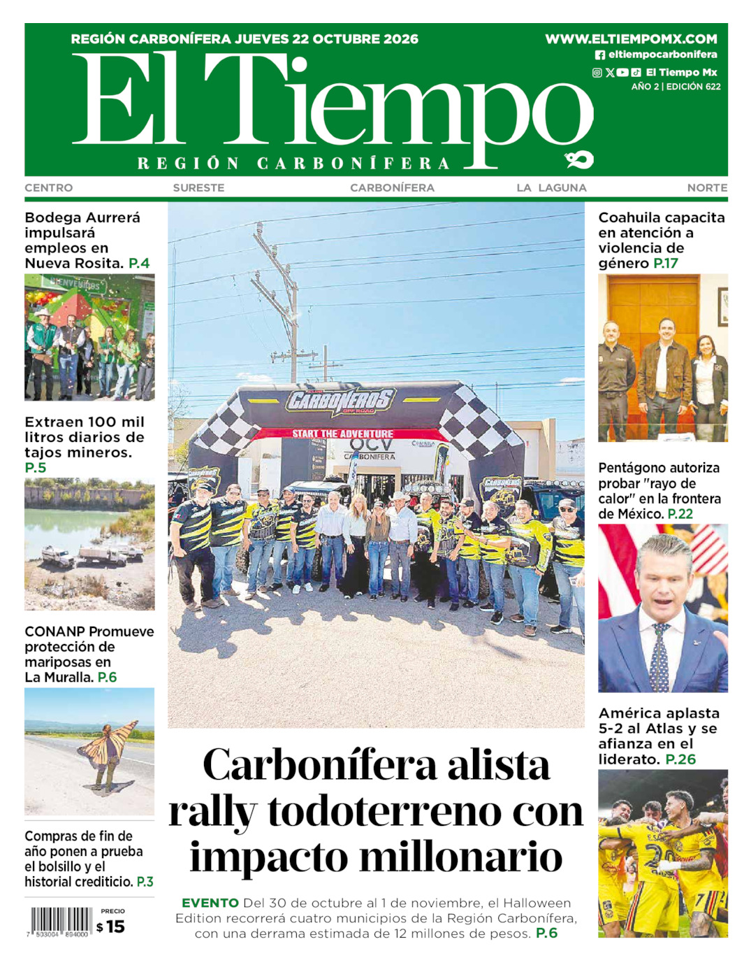 Edición impresa: Portada del jueves 22 de octubre de 2026, El Tiempo región <strong>Carbonífera</strong>