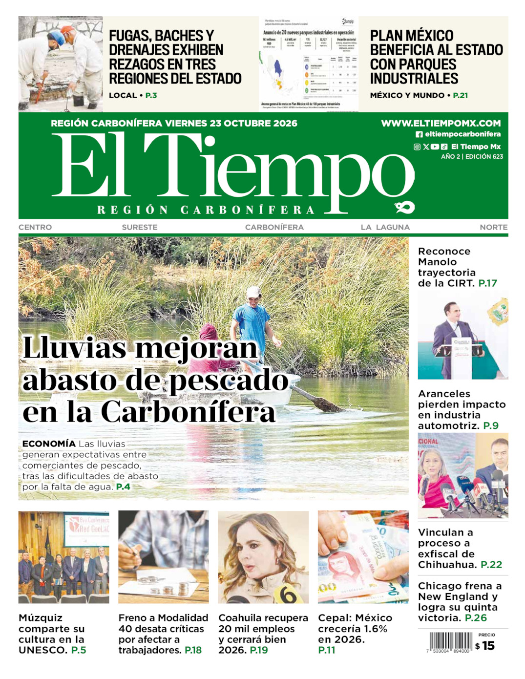 Edición impresa: Portada del viernes 23 de octubre de 2026, El Tiempo región <strong>Carbonífera</strong>