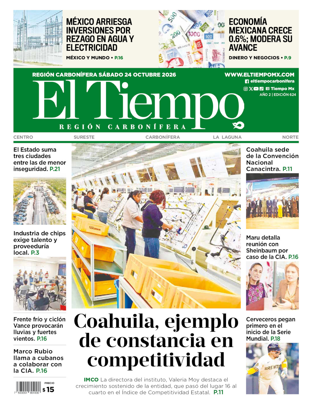 Edición impresa: Portada del sábado 24 de octubre de 2026, El Tiempo región <strong>Carbonífera</strong>