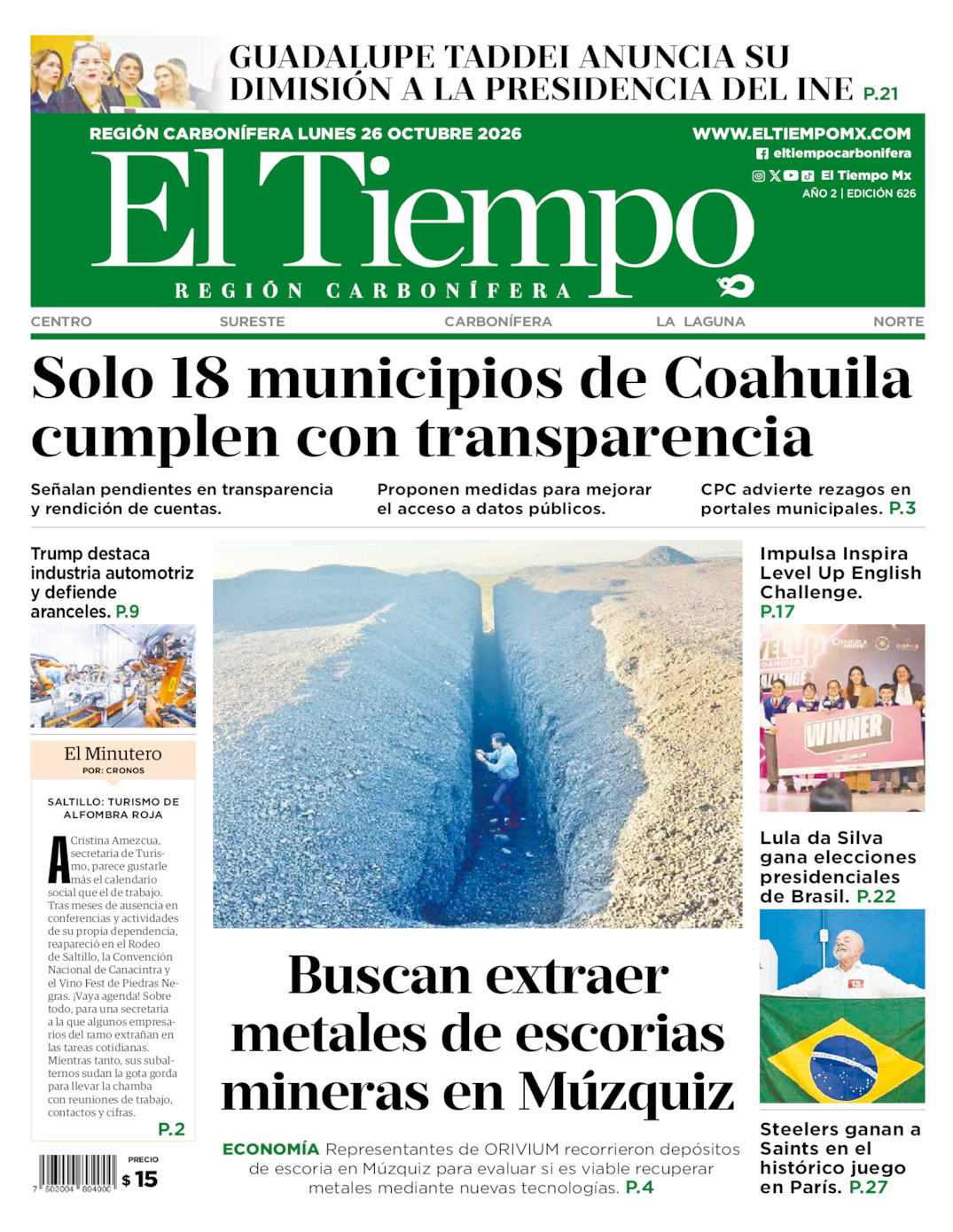 Edición impresa: Portada del lunes 26 de octubre de 2026, El Tiempo región <strong>Carbonífera</strong>